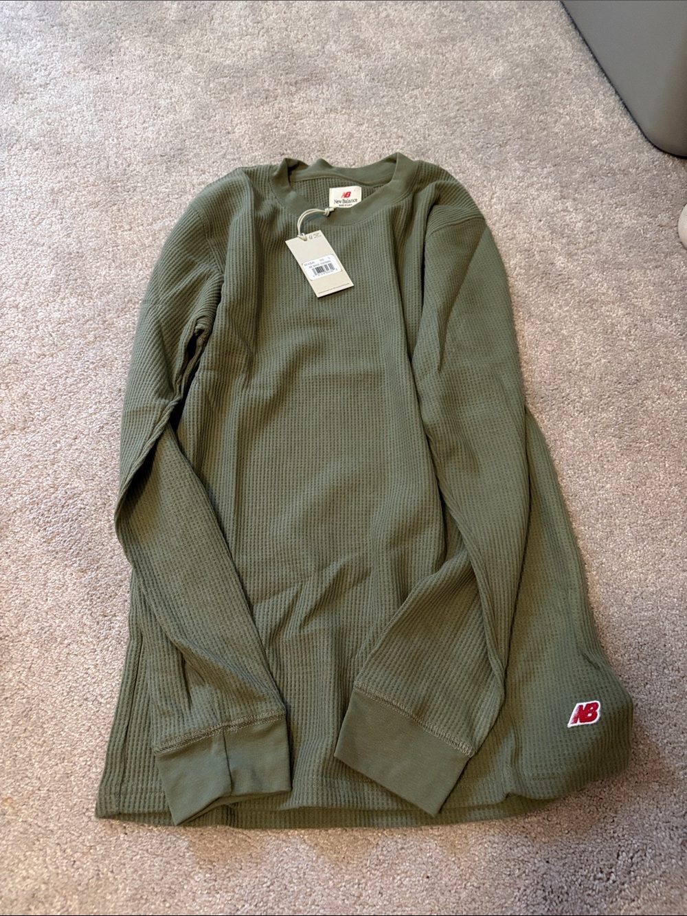 New Balance Olive Green Waffle Knit Crew Neck Long Sleeve Made in USA